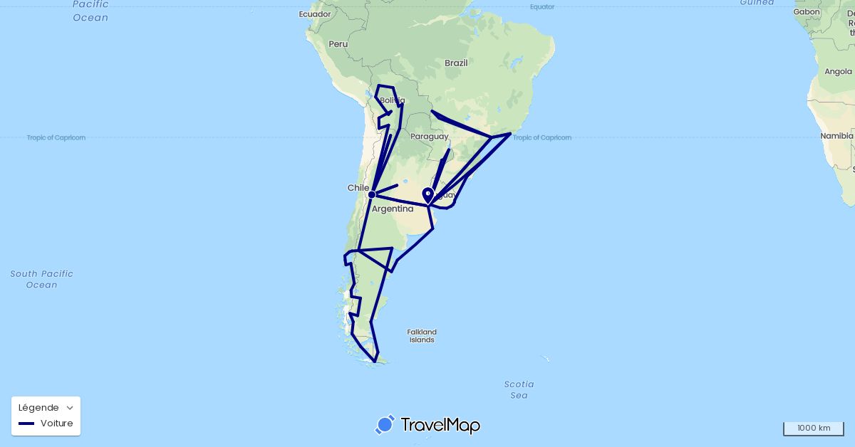 TravelMap itinerary: driving in Argentina, Bolivia, Brazil, Chile, Paraguay, Uruguay (South America)